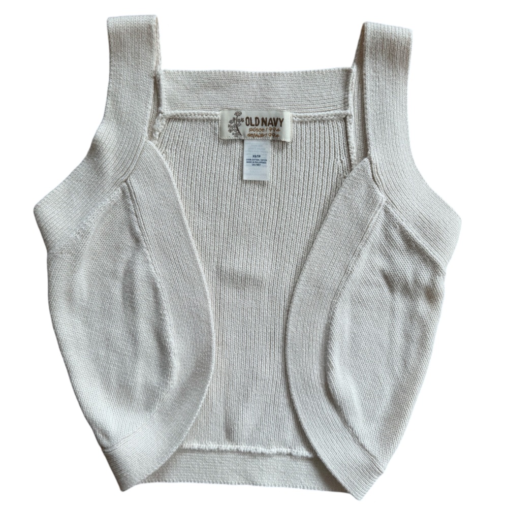 Vintage Old Navy Women's White Cream Sleeveless Open Front Knit Crop Vest XS